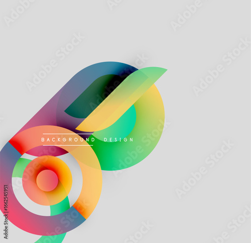 Abstract colorful shapes overlap, creating dynamic visual effect. Gradient hues blend smoothly, modern design element.