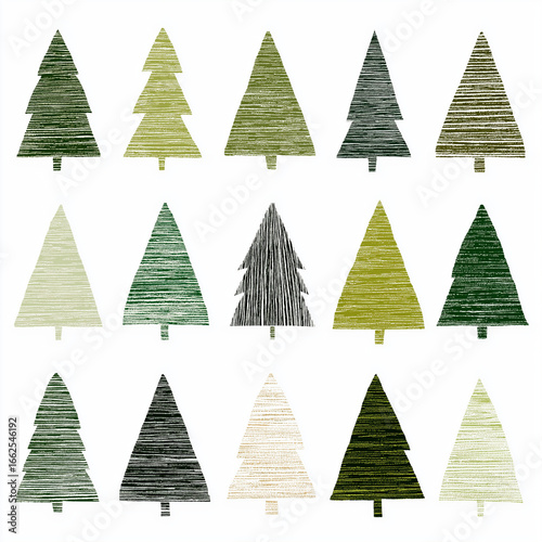 Vector graphics depicting a green Christmas tree shapes drawn with lines and textures on a white background, 
