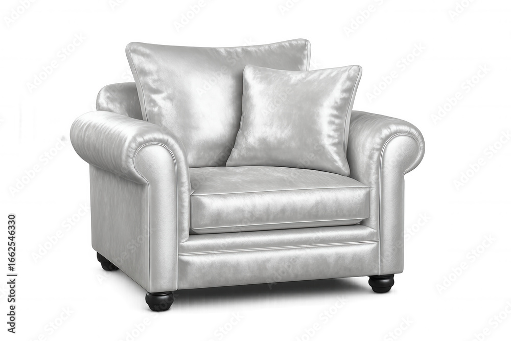 Fototapeta premium White leather armchair featuring plush cushions, floating against transparent backdrop, ideal for minimalist interior rendering