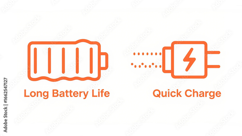Fototapeta premium The orange icon displays symbols for long battery life and fast charging, electronic device battery performance, digital product promotion, and is suitable for mobile office and travel scenarios.