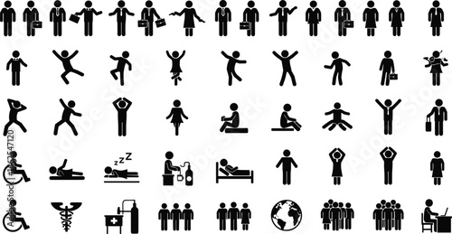 Silhouette icons of diverse people, activities, health, business, yoga, wheelchair users, teamwork, meditation, global unity, and social interaction symbols