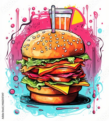 A vibrant and artistic illustration of a delicious burger with layers of fresh ingredients and a drink.