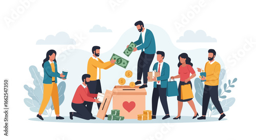 Charity and donation concept with a group of diverse people giving money. A vector illustration of community help, volunteering, and social care