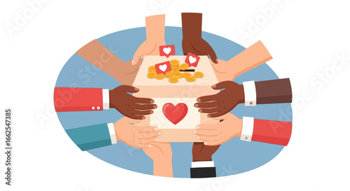 Charity Box Surrounded by Hands A Vector Illustration of Generosity and Support