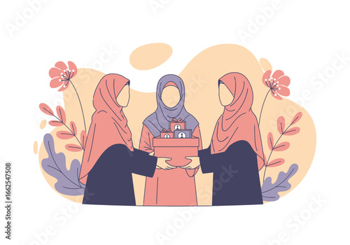 Muslim women exchange gifts A vector illustration for charity and community giving