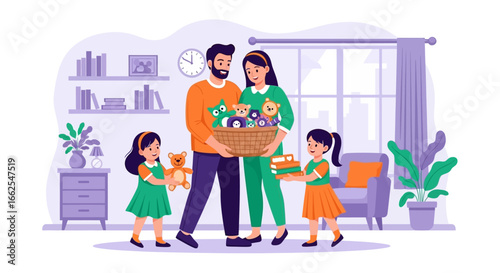 Happy Family Donating Toys and Books A Charity Illustration