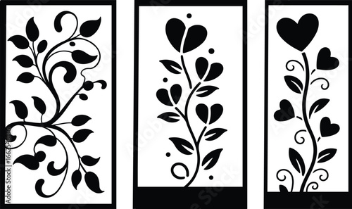 Vertical black-and-white floral heart designs for a decorative or laser-cut pattern