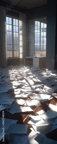 A sun-drenched room, filled with scattered papers, casts shadows on a muted floor