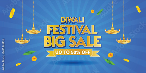 Happy Diwali. Creative Diwali Big Sale banner with golden typography, hanging diyas, and festive blue background. Perfect for online promotions, ecommerce discounts, and festival season offers.
