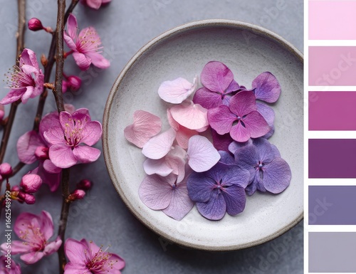 Delicate pink and purple flowers in a shallow dish, alongside a color palette