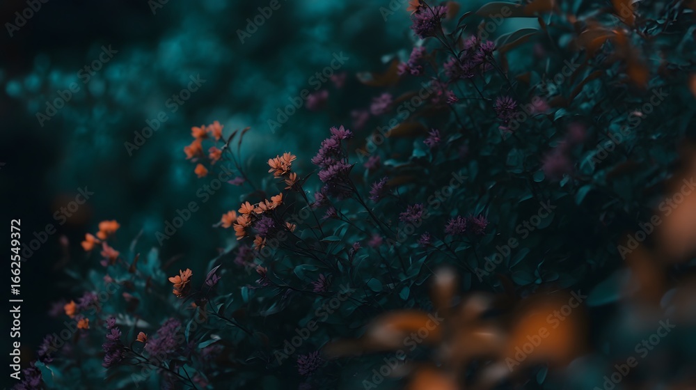 Fototapeta premium Moody Floral Bloom Dark Teal Purple Orange Flowers