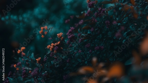 Moody Floral Bloom Dark Teal Purple Orange Flowers