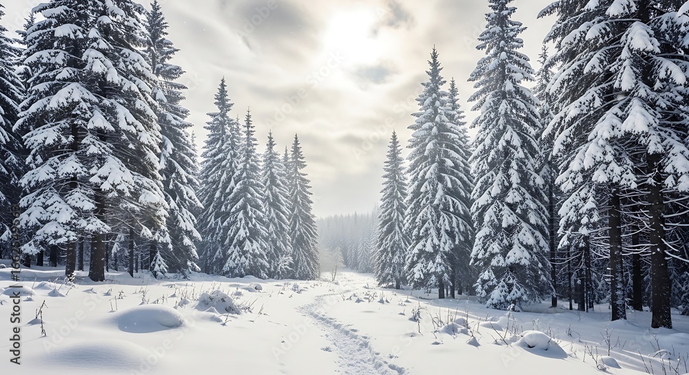 Fototapeta premium Snow-laden Spruce Trees Along a Footpath in a Winter Forest, Sunlight Filtering Through Overcast Sky