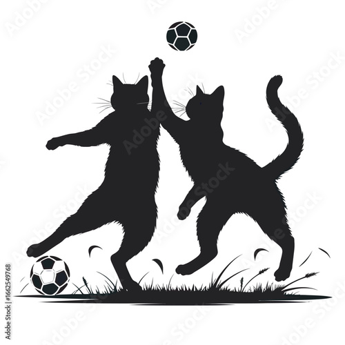 two cats silhouette vector on a soccer ball in the grass