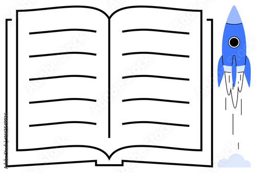 Open book with visible lines and blue rocket launching on the right side. Ideal for education, innovation, creativity, discovery, imagination, growth, and progress concepts. A simple flat metaphor