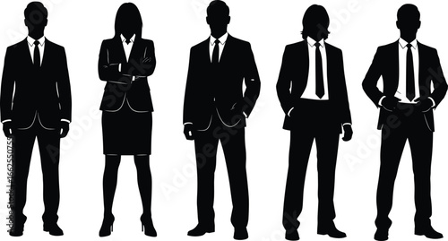 Silhouettes of five business professionals in formal attire, showcasing workplace diversity, leadership, and corporate presence for design and presentation use
