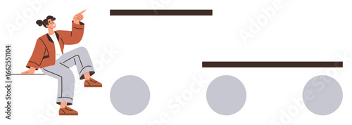 Casual person pointing at aligned lines over circular shapes, symbolizing balance, focus, or stability. Ideal for business, planning, education, guidance creativity leadership self-improvement. A