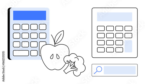 Healthy eating concept with calculators, apple, broccoli, and search bar. Ideal for diet planning, personalized nutrition, food analysis, calorie tracking, health apps wellness services simple