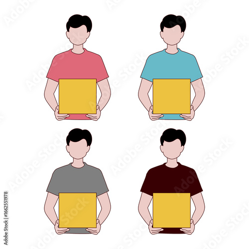 Delivery people holding packages in different colored shirts