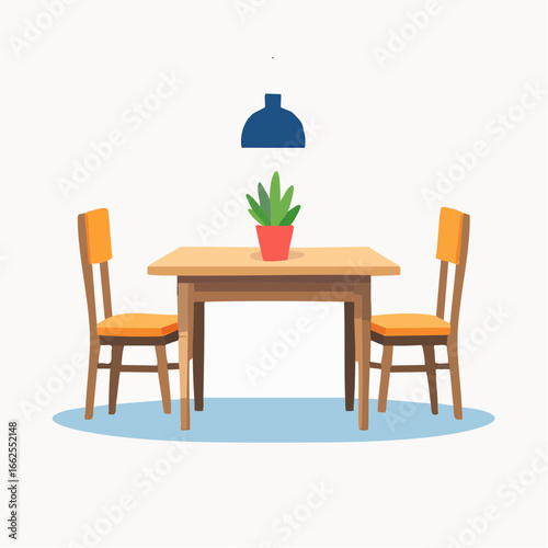 Simple Wood Dining Set with Orange Chairs and Potted Plant