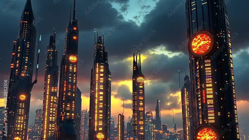 custom made wallpaper toronto digitalFuturistic skyline at sunset with towering skyscrapers and glowing elements, vibrant city atmosphere