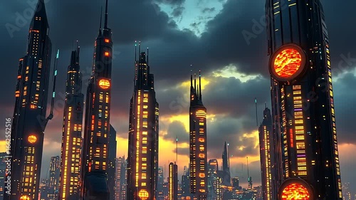 Wallpaper Mural Futuristic skyline at sunset with towering skyscrapers and glowing elements, vibrant city atmosphere Torontodigital.ca
