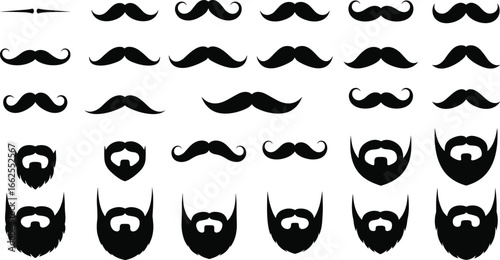 Silhouettes of various mustache and beard styles in black, ideal for grooming reference, character design, fashion, and icon creation