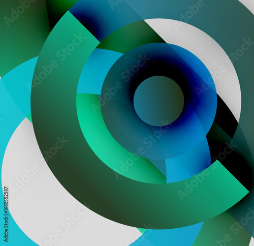 Abstract composition. Overlapping circles create dynamic visual effect. Shades range from teal to dark blue, plus white highlights.