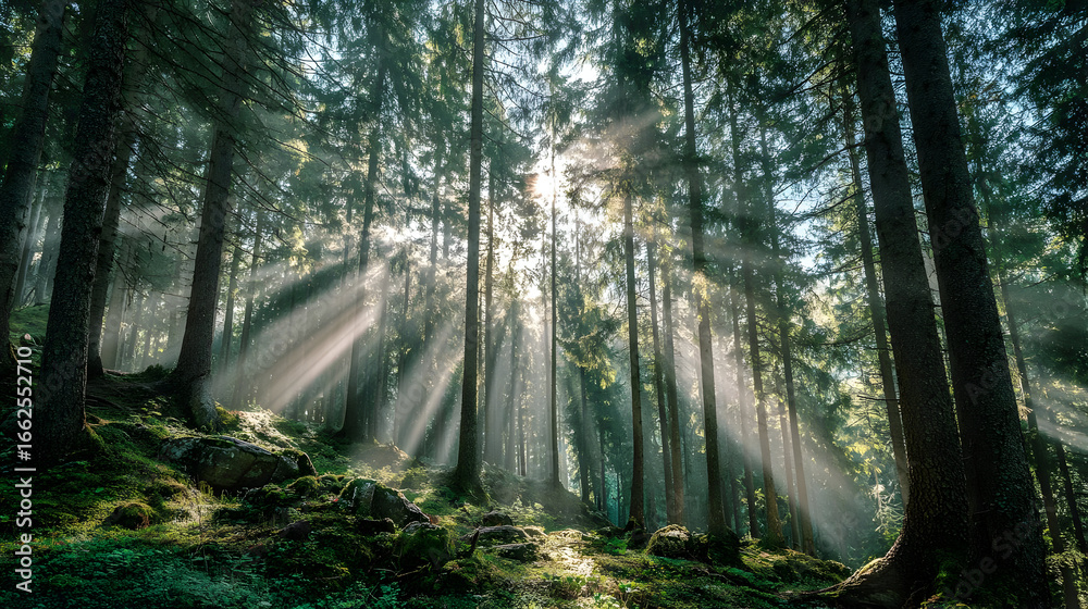 Obraz premium Sunbeams Streaming Through Lush Green Forest
