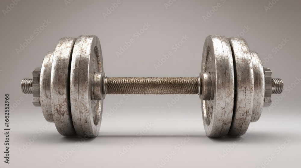 Fototapeta premium A weathered, rusted metal dumbbell with a textured, metallic finish on a plain, neutral background.
