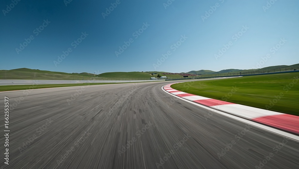 Naklejka premium Empty asphalt racing track curve with motion blur and red white curb