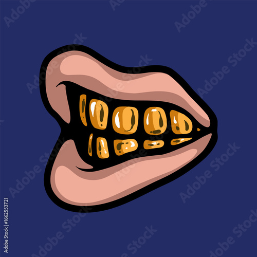 Mouth with golden teeth cartoon vector illustration