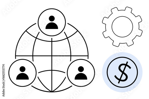 People icons on a globe representing connectivity, gear symbolizing technology, dollar sign denoting finance. Ideal for teamwork, networking, innovation, global business, operations, partnerships