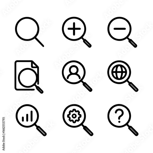 Collection of Magnifying Glass Icons Representing Search Zoom and Information.