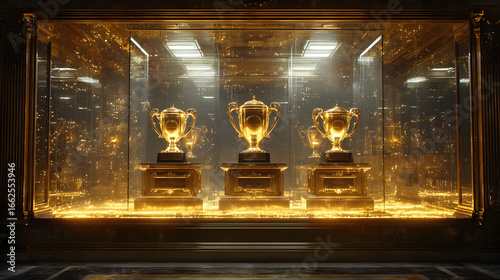 Three Golden Trophies in Illuminated Glass Case