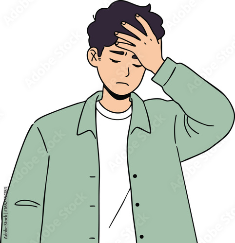 Young man feeling stressed or frustrated holding head in hand vector illustration of emotional state and mental health awareness