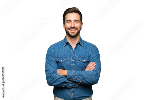 Wallpaper Mural Smiling man with crossed arms wearing a blue denim shirt, isolated on transparent background Torontodigital.ca