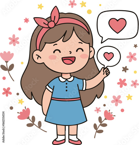 Happy little girl sending love hearts with floral decoration and cheerful expression vector illustration 