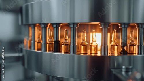 Automated pharmaceutical vial filling machine in a sterile manufacturing facility.