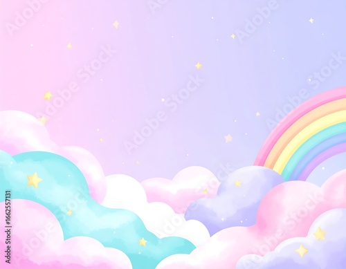 Pastel clouds, rainbow, stars