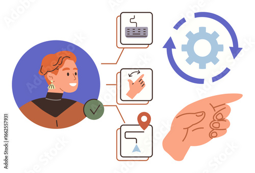 Person engaged in workflow with task icons, pointing gestures, gear cycle. Ideal for teamwork, planning, automation, decision making, project management user interaction productivity. Simple flat