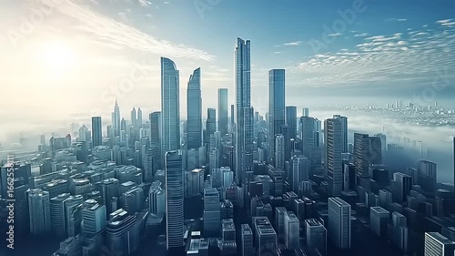 Wallpaper Mural Aerial view of a futuristic city skyline at sunrise with mist enveloping the buildings below Torontodigital.ca