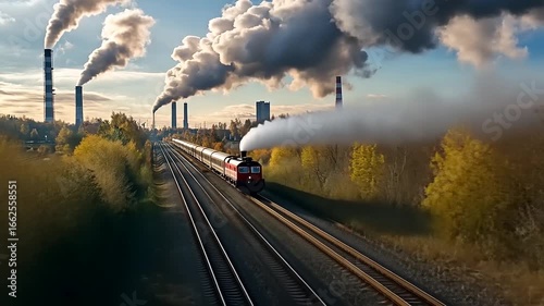 Wallpaper Mural Train traveling through an industrial landscape with smokestacks and autumn foliage in the background Torontodigital.ca