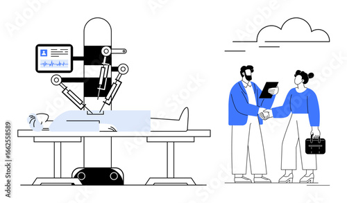 Robotic arms performing surgery on a patient while two professionals engage in discussion and agreement. Ideal for healthcare innovation, robotic technology, teamwork, medical robotics