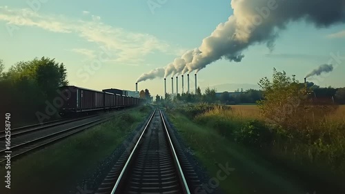 Wallpaper Mural Trains passing through a serene landscape with smoke billowing from industrial chimneys in the distance Torontodigital.ca