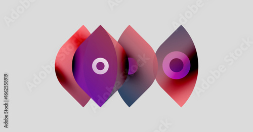Abstract design features layered shapes, vibrant purple, red hues. Circles nested within forms create depth, visual interest. Modern, minimalist aesthetic.