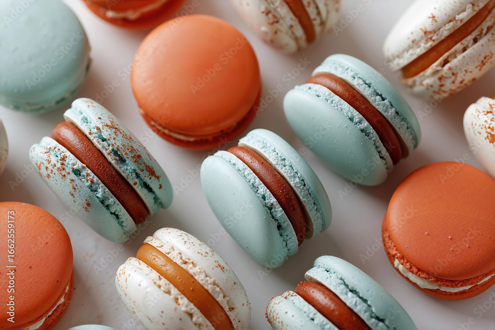 Fototapeta premium Vibrant and Colorful Macarons in a Visually Pleasing Arrangement of Orange, Teal, and Red with Soft Lighting on a White Background, Perfect for Social Media and Marketing