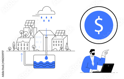 Urban community harvesting rain, storing water, integrating solar energy and analyzing costs. Ideal for sustainability, water conservation, renewable energy, economics, technology, urban planning