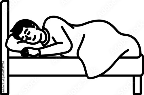 Black Outline Simple Style Sleeping Man on Bed Illustration