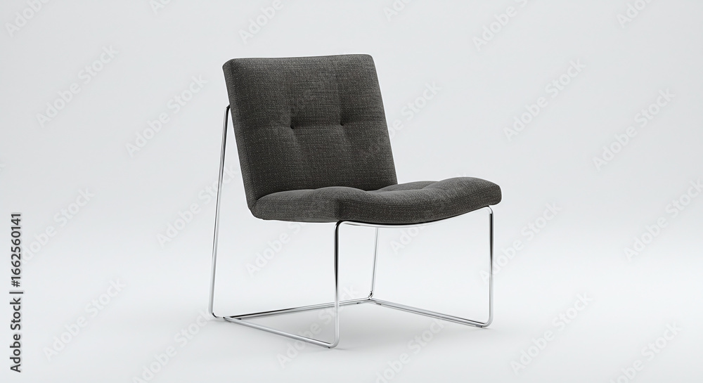 Fototapeta premium Elegant modern gray upholstered lounge chair with a tufted back and sleek chrome sled base. A conceptual piece for minimalist interior design.